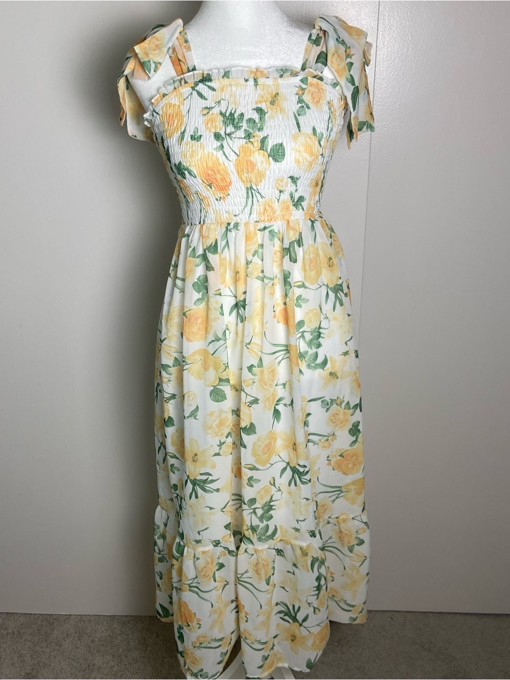 Speechless Yellow Floral Tie-Shoulder Smocked Cottage Maxi Dress
